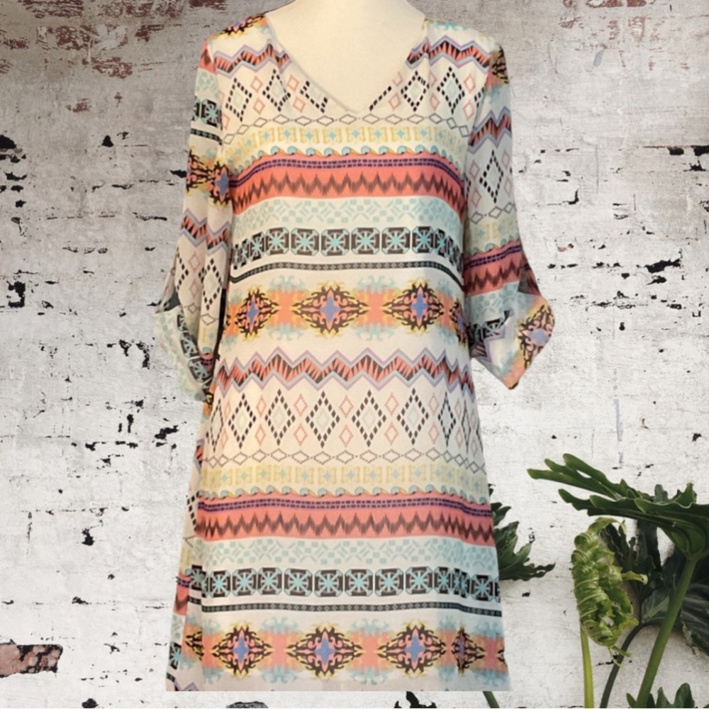 $10$ add on RACHEL Kate- for CHICOS sunset colours boho chiffon mini dress.